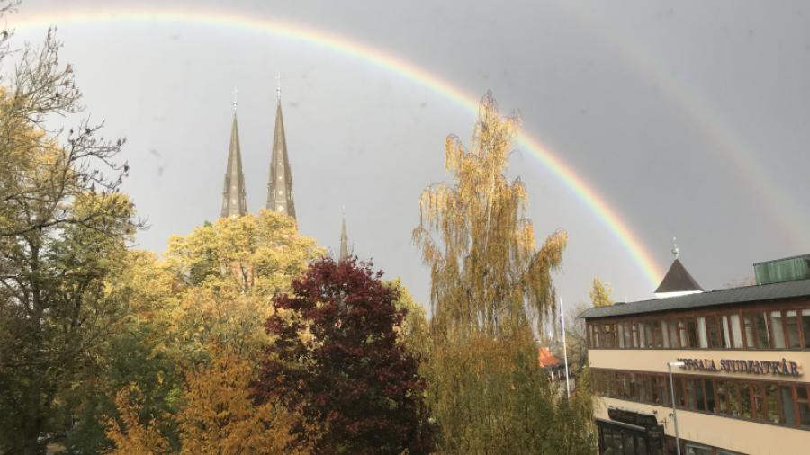 Regnbåge över tre kyrktorn i oktober 2022; utsikt från lägenhet. Bilden är privat och får inte använda utan Ordförandes tillstånd.