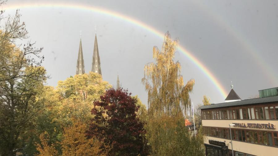 Regnbåge över tre kyrktorn i oktober 2022; utsikt från lägenhet. Bilden är privat och får inte använda utan Ordförandes tillstånd. 