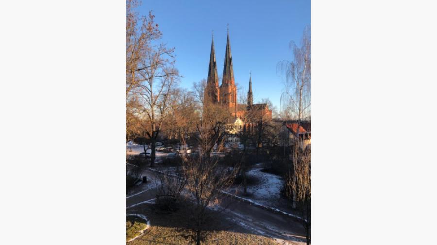 Utsikt från lägenhet; Domkyrkan i januari 2022. Bilden är privat och får inte använda utan Ordförandes tillstånd. 